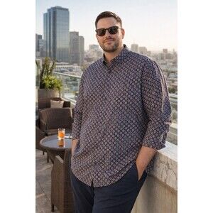 Perry Ellis Floral Red & Gold 2XLT 100% Cotton Button Up Long Sleeve